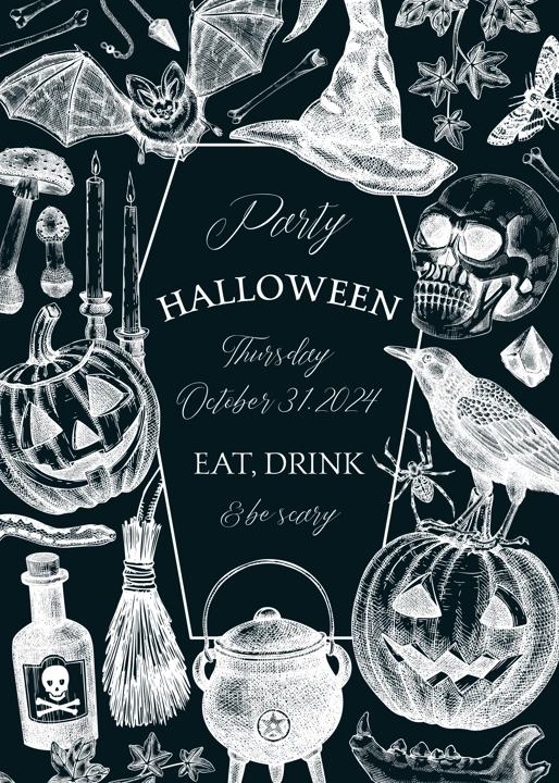 Vintage Halloween frame design. Hand-drawn vector illustration on chalkboard. Skull, bones, pumpkin, poisons, cauldron sketch. Witch party invitation, poster, flyer. Not AI generated